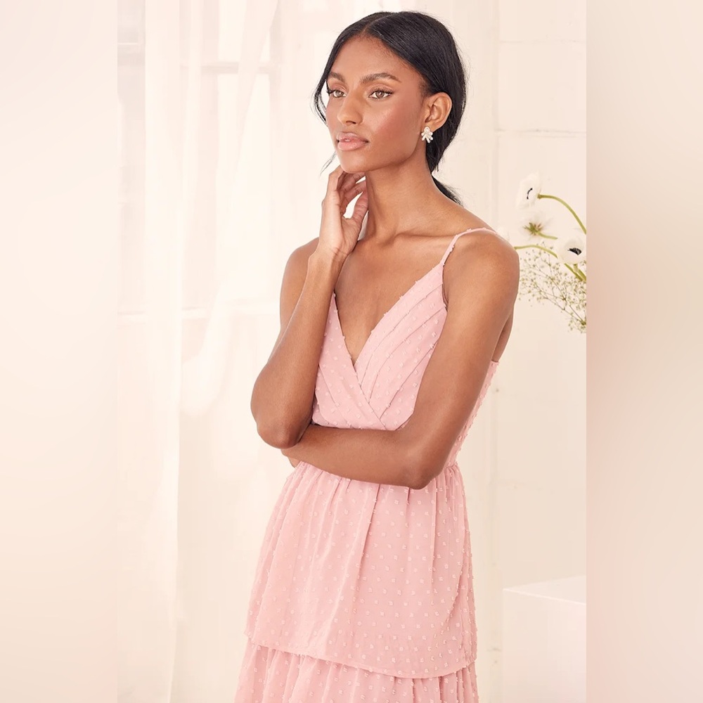 NWT S Lulus Love Stays True Pink Rose Swiss Dot Tiered Maxi Dress - Picture 12 of 16